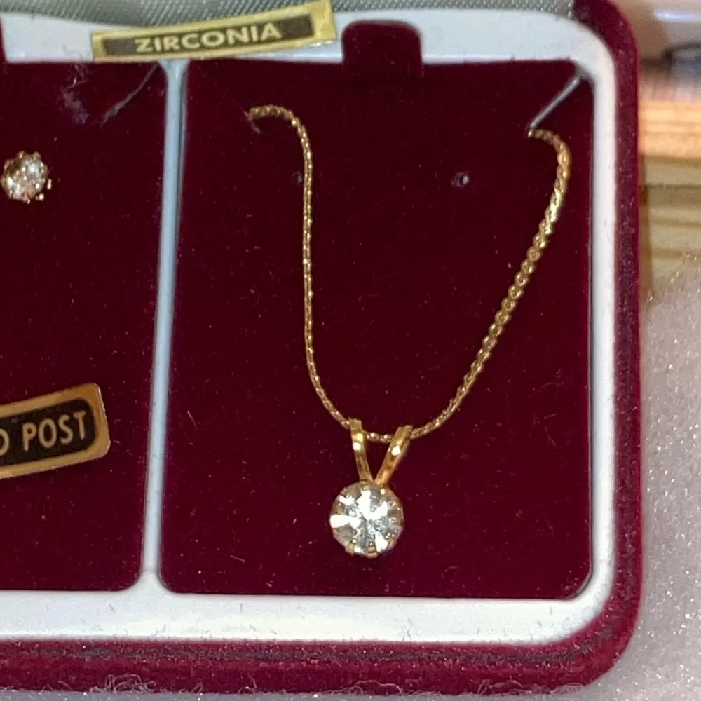 Set of CZ Pendant Necklace and Round CZ Stud Earrings on 14k GF Posts for Teen